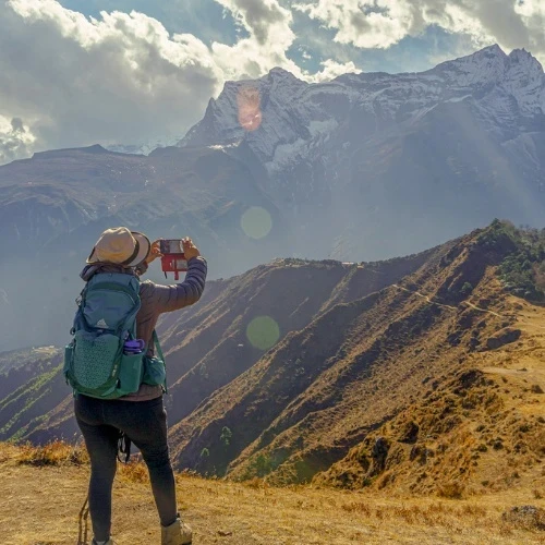 Sarangkot sunrise view over Annapurna and Dhaulagiri mountains in Pokhara, Nepal